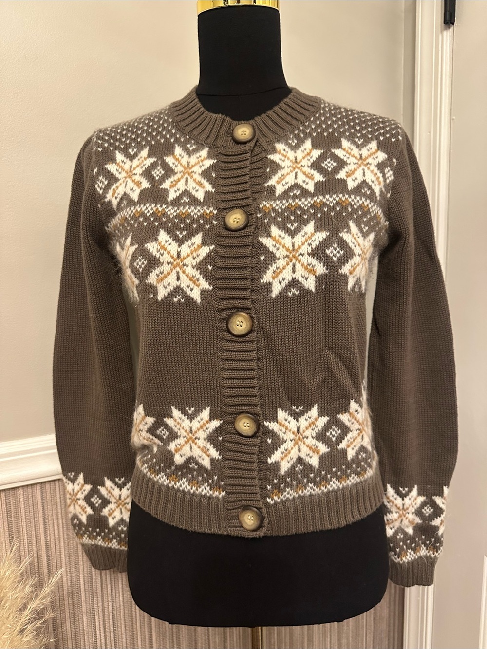 Rubbish Fair Isle Cardigan Sweater M Brown Nordic Button Front